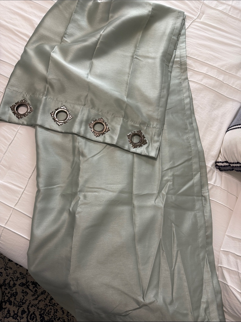 Two Sage Green Curtain Panels approx 50x84 with Decorative Metal Grommets